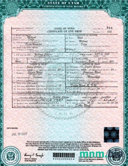 USA Utah state narodziny certyfikat szablon w formacie PSD